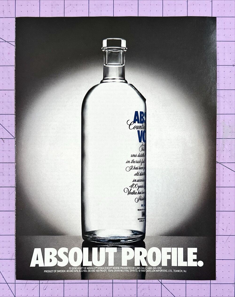 Vintage Absolut Vodka - Absolut Profile - 1992 Home Bar Art AD Decor